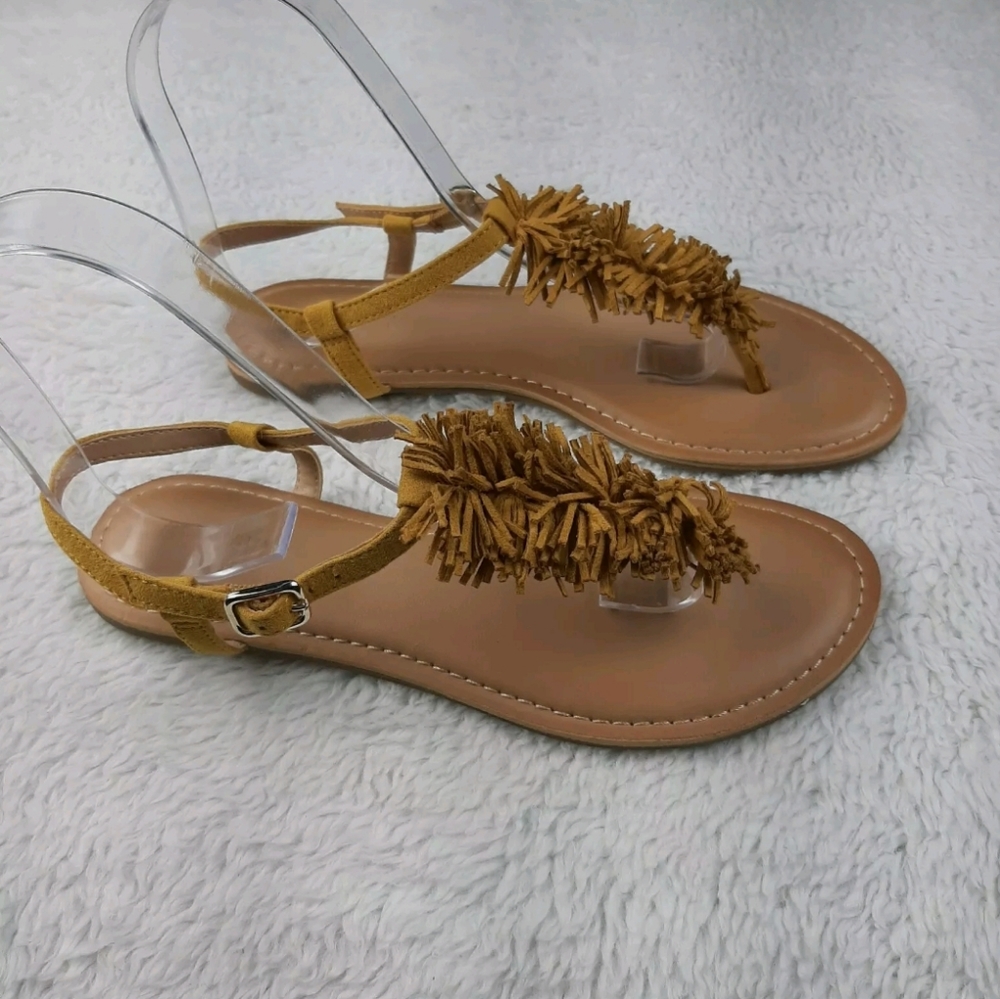 Old Navy Faux Suede Fringe Sandals Mustard Yellow - Picture 4 of 10